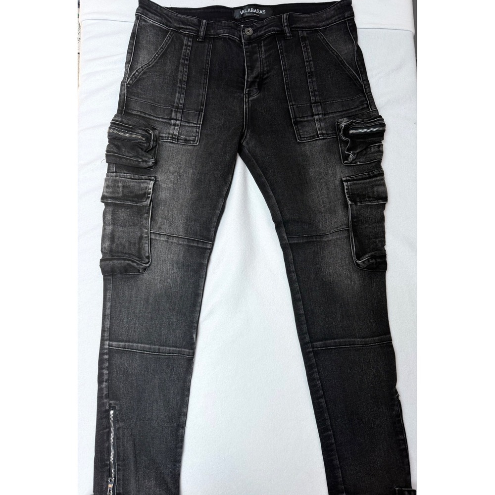 Valabasas Mens Stacked Cargo Jeans Faded Black Utility Slim Fit Size 38